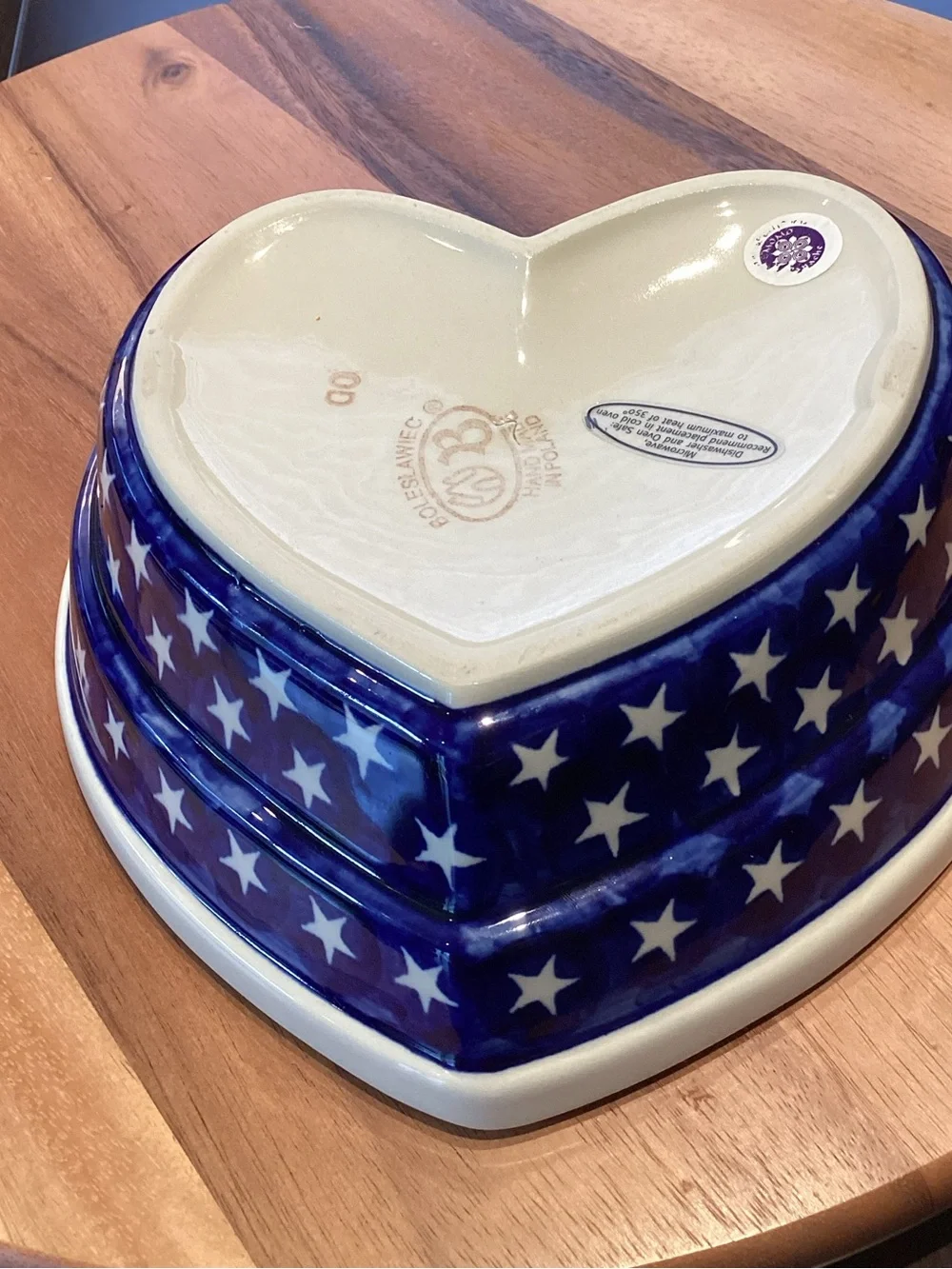 Boleslawiec Polish pottery heart shaped bowl w stars Hand Made Like New
